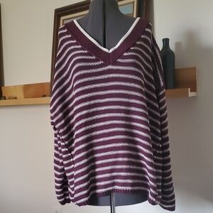 American Eagle Outfitters Oversized Striped V-Neck Sweater in Burgundy and White